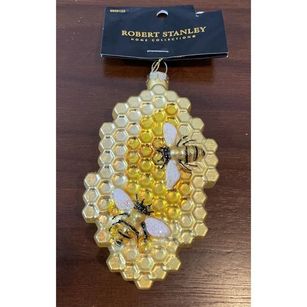 Robert Stanley Honeycomb Bee Glass Christmas Holiday Ornament‎ Gold Yellow NEW